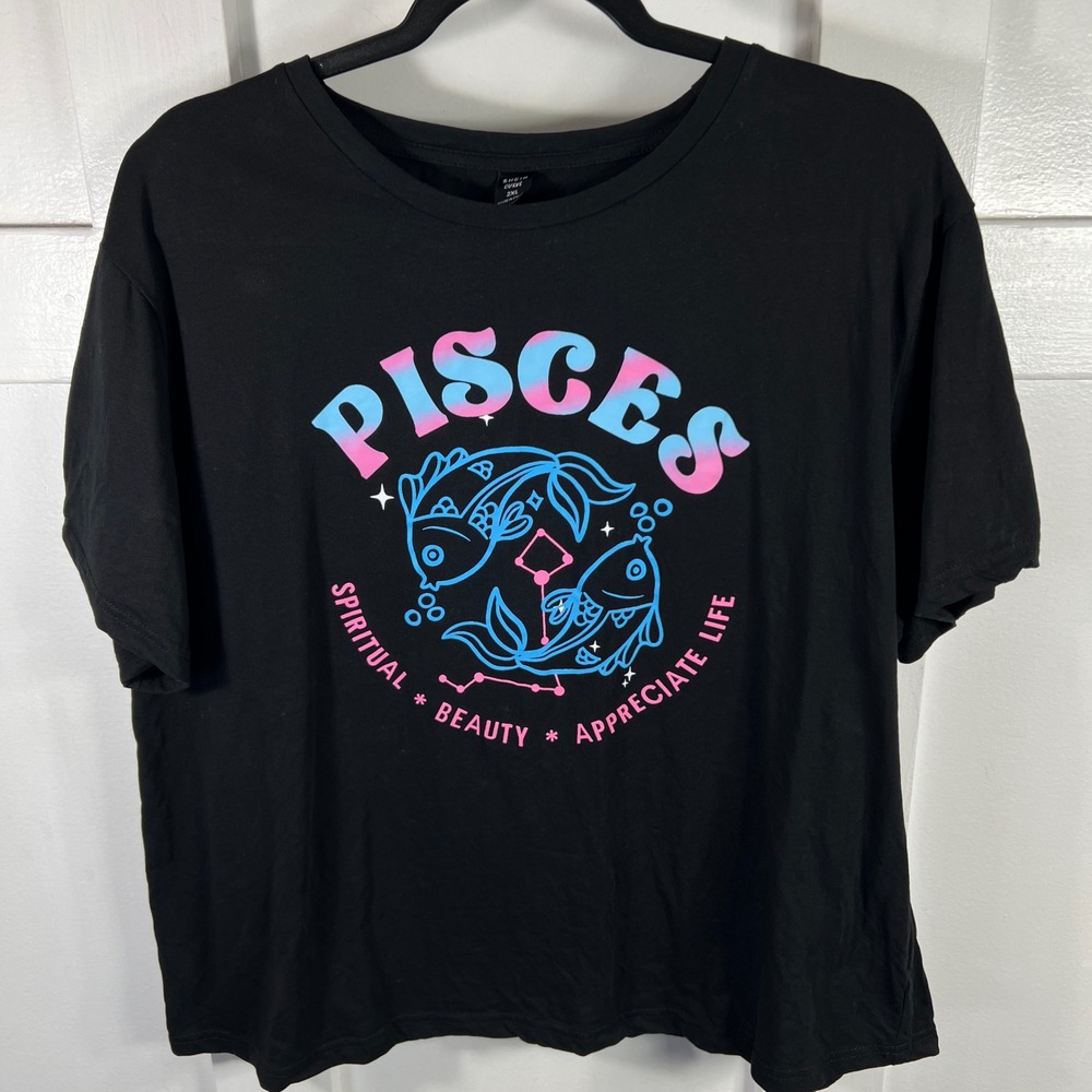 Astrology Curve Pisces Zodiac Graphic T-Shirt Black Cotton Plus Size 2XL